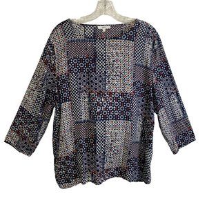 Jake's Womens Size 42 Blue Patchwork 3/4 Sleeve Wide Neck Loose Fit Blouse Top
